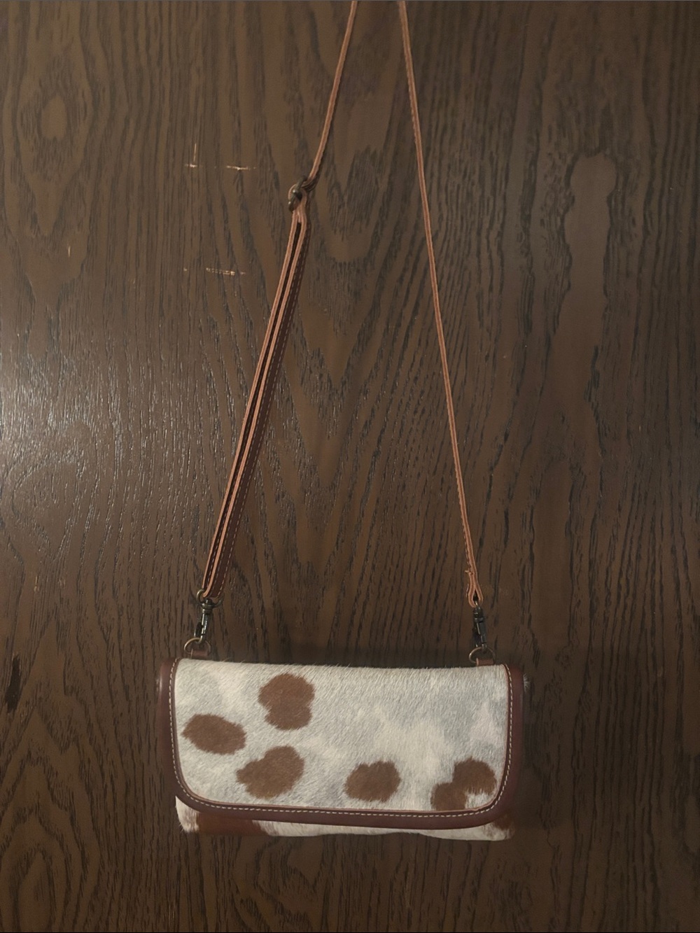 Myra Bag Brown and White Cowhide Crossbody with Leather Trim.